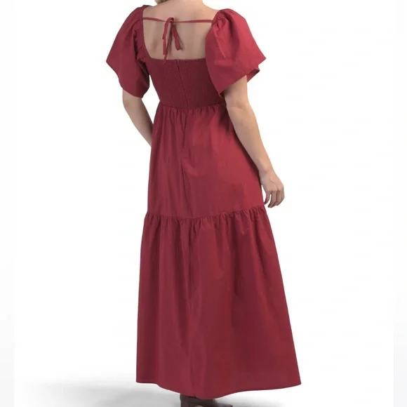 NWT BEYOND WORDS Short Puff Sleeve Smocked Tied Back Tiered Maxi Dress - Picture 2 of 4